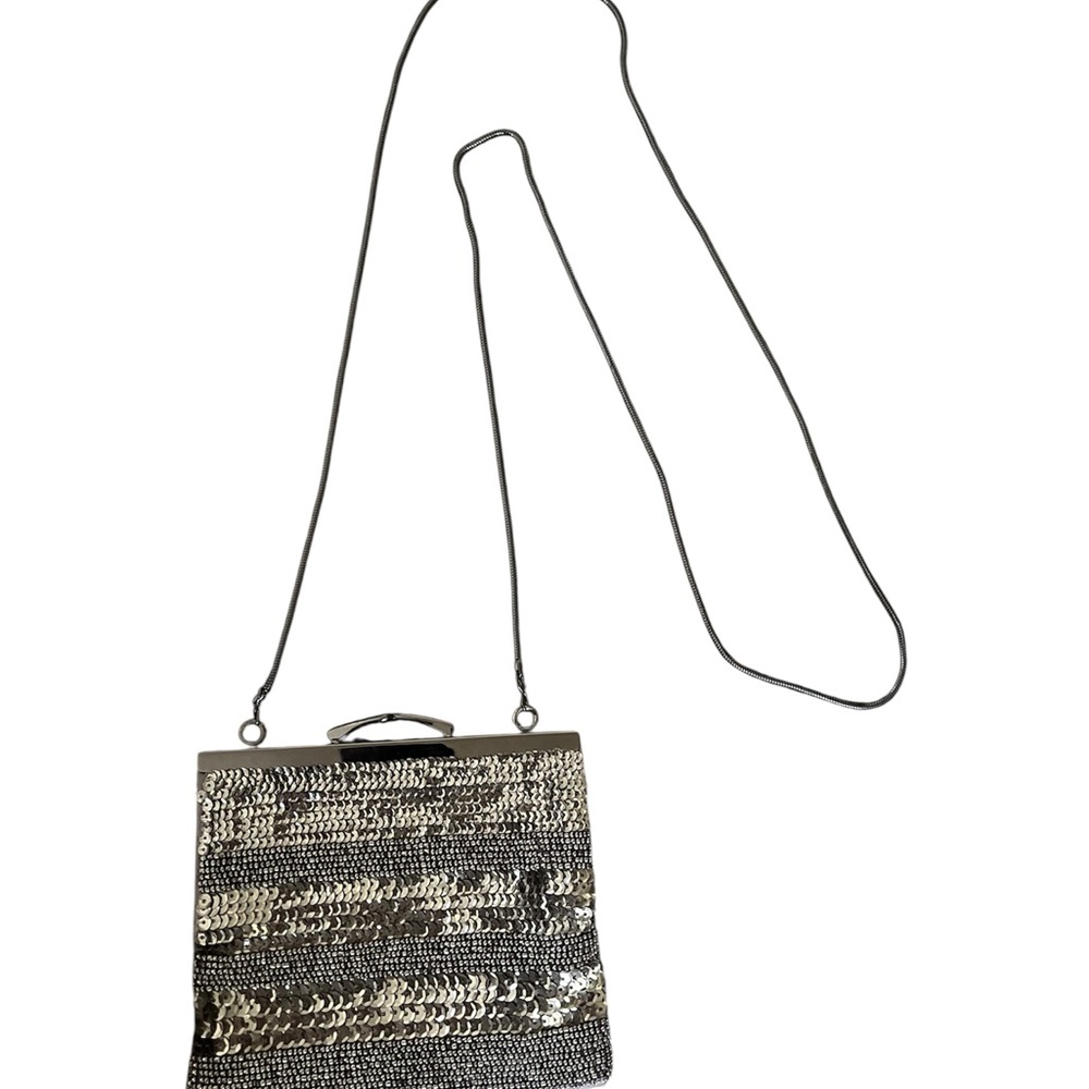 LOFT Silver Clutch  Metallic Finish chain bag sequin